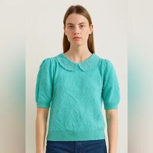 Vintage 80s/90s Dragonfly Lace Collar Knit Sweater Made in USA Medium Aqua Blue